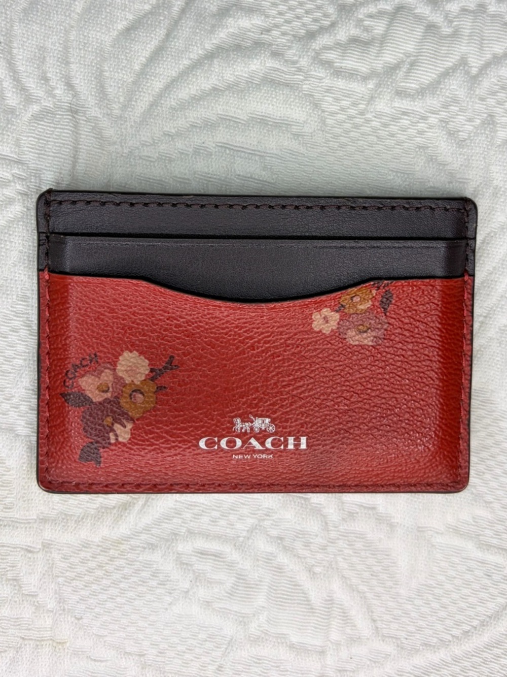 Coach Red Floral Leather Card Holder with Black Trim